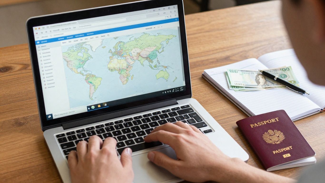 Laptop comparing flight fares worldwide