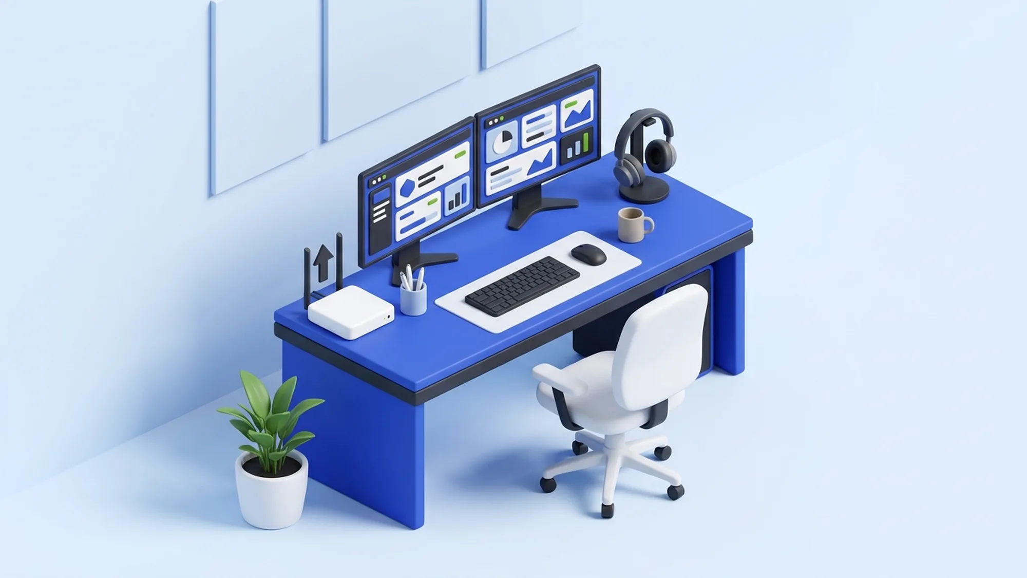 3D-illustrasjon av arbeidsplassen til en virtuell kundeserviceassistent: headset, to skjermer og reserveforbindelse
