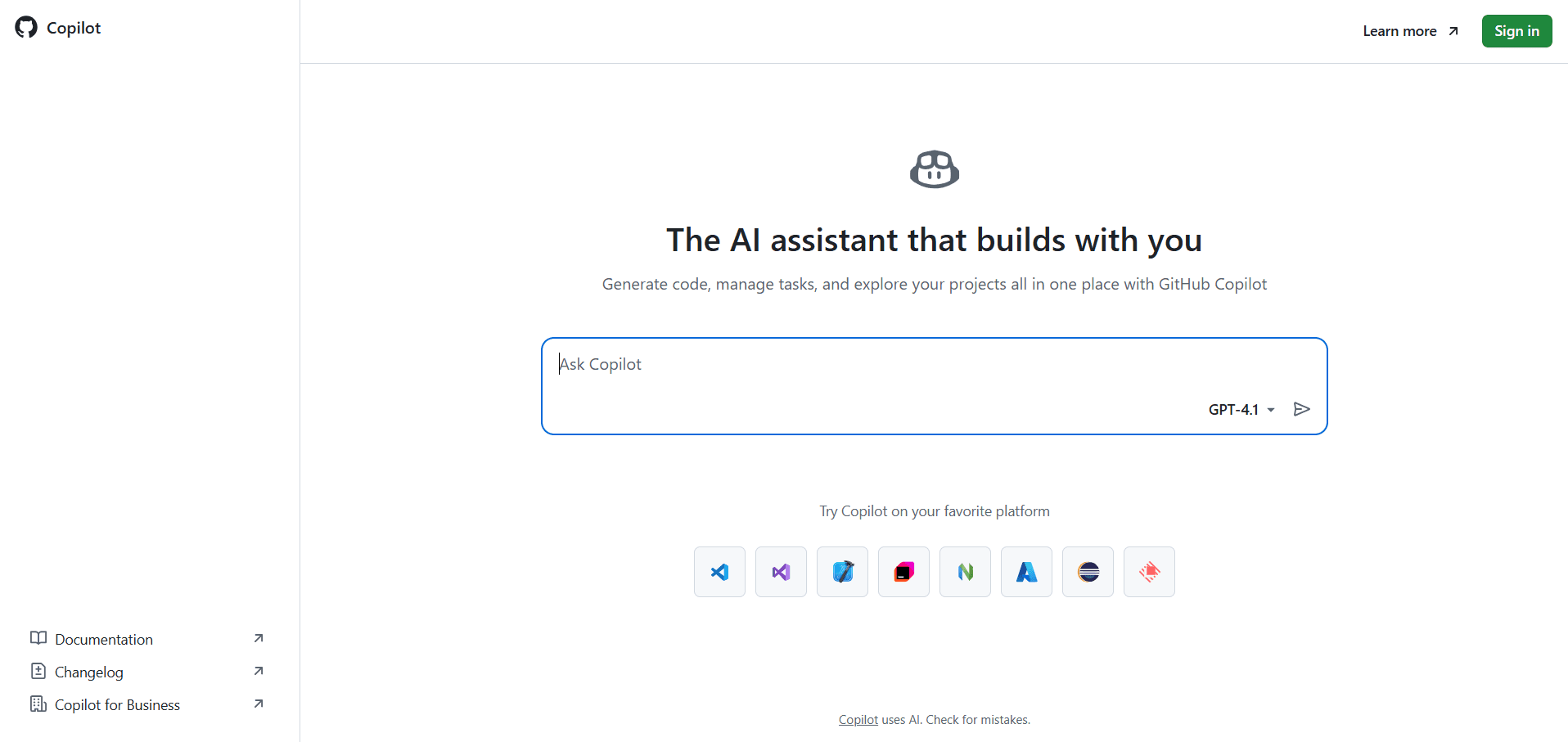 GitHub Copilot homepage featuring an AI prompt bar and "The AI assistant that builds with you."