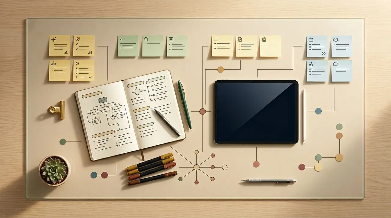 Mesa de trabajo organizada con notas, diagramas y tablet que representan la planificación inicial de un proyecto.