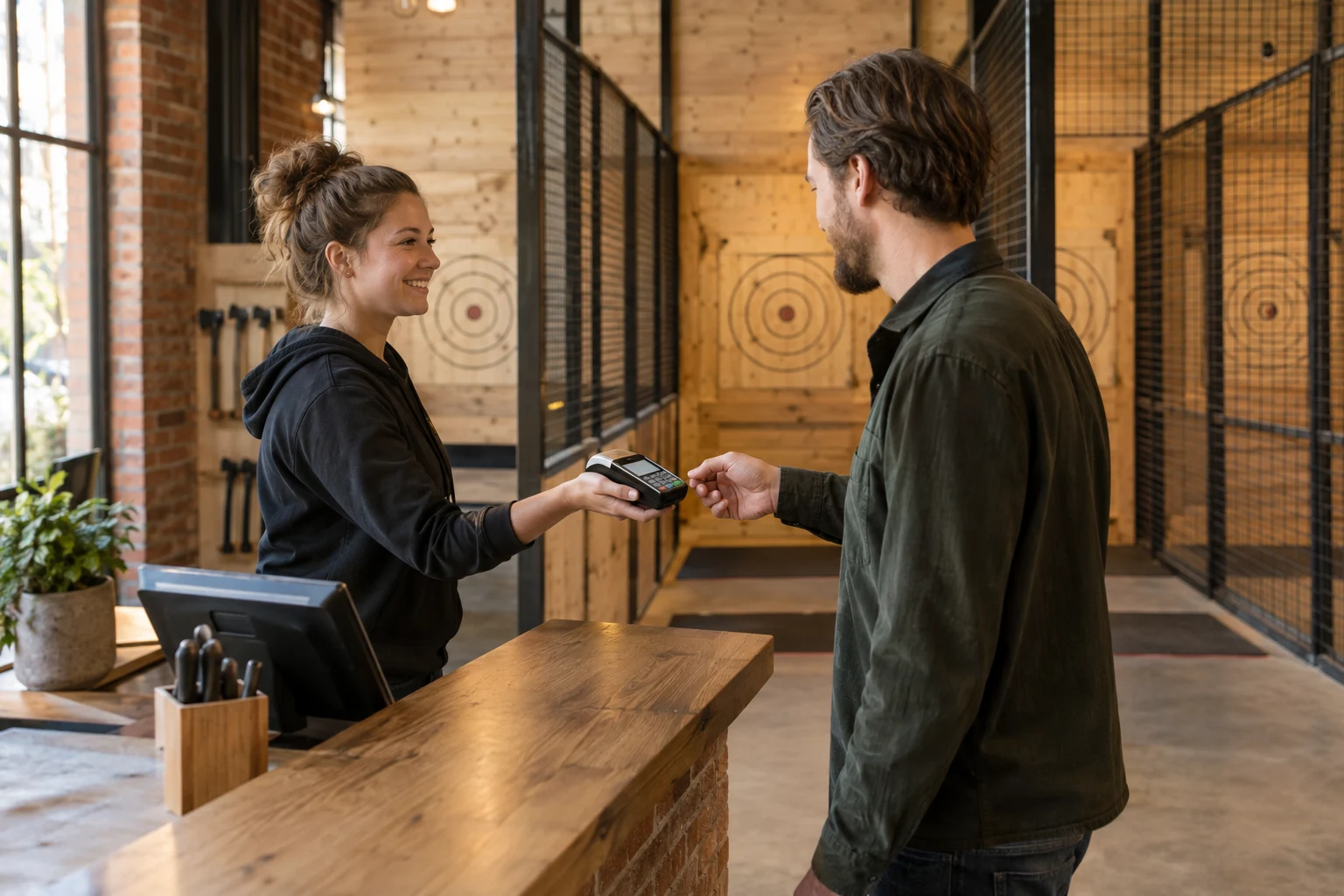 Card payment at an axe throwing reception