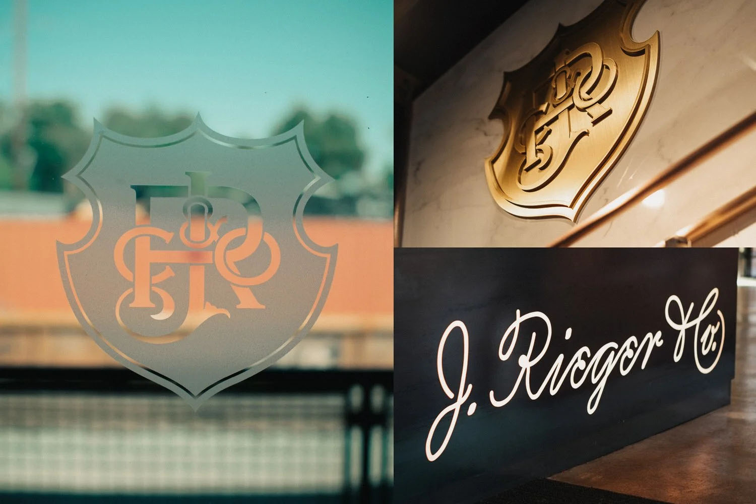 WTADS client J. Reiger and Co brand mark and logo etched in glass, in cursive and on gold plate signage.