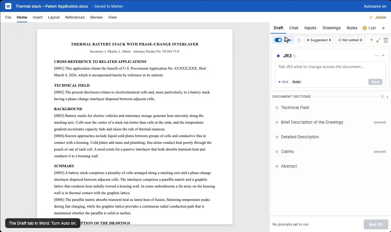 Auto-Mode walkthrough in Microsoft Word: Auto on, a JR3 instruction, the run, Review changes grouped by section, tracked changes in the document.