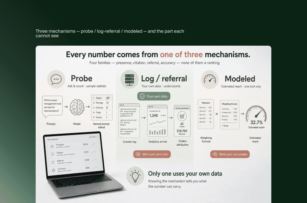 Three mechanisms behind AI visibility metrics: prompt probes, own log and referral data, and modeled estimated reach