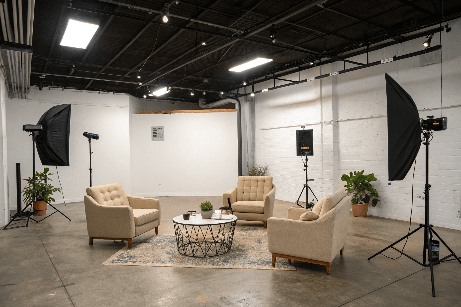 Modern living room with white sofa and large window.