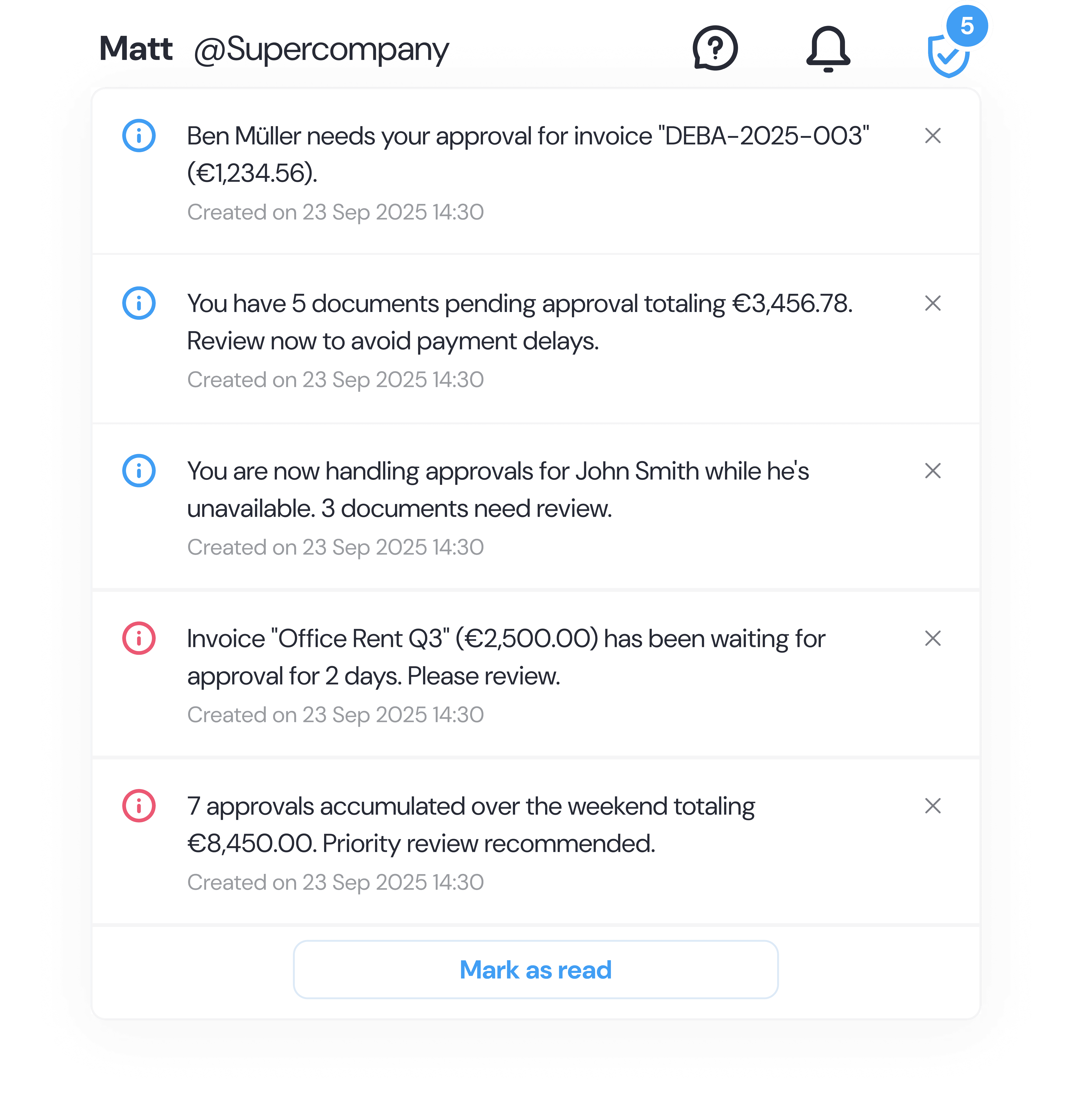 Approval notifications dropdown showing pending requests, deputy assignments, overdue reminders, and weekend accumulation alerts with Mark as read action