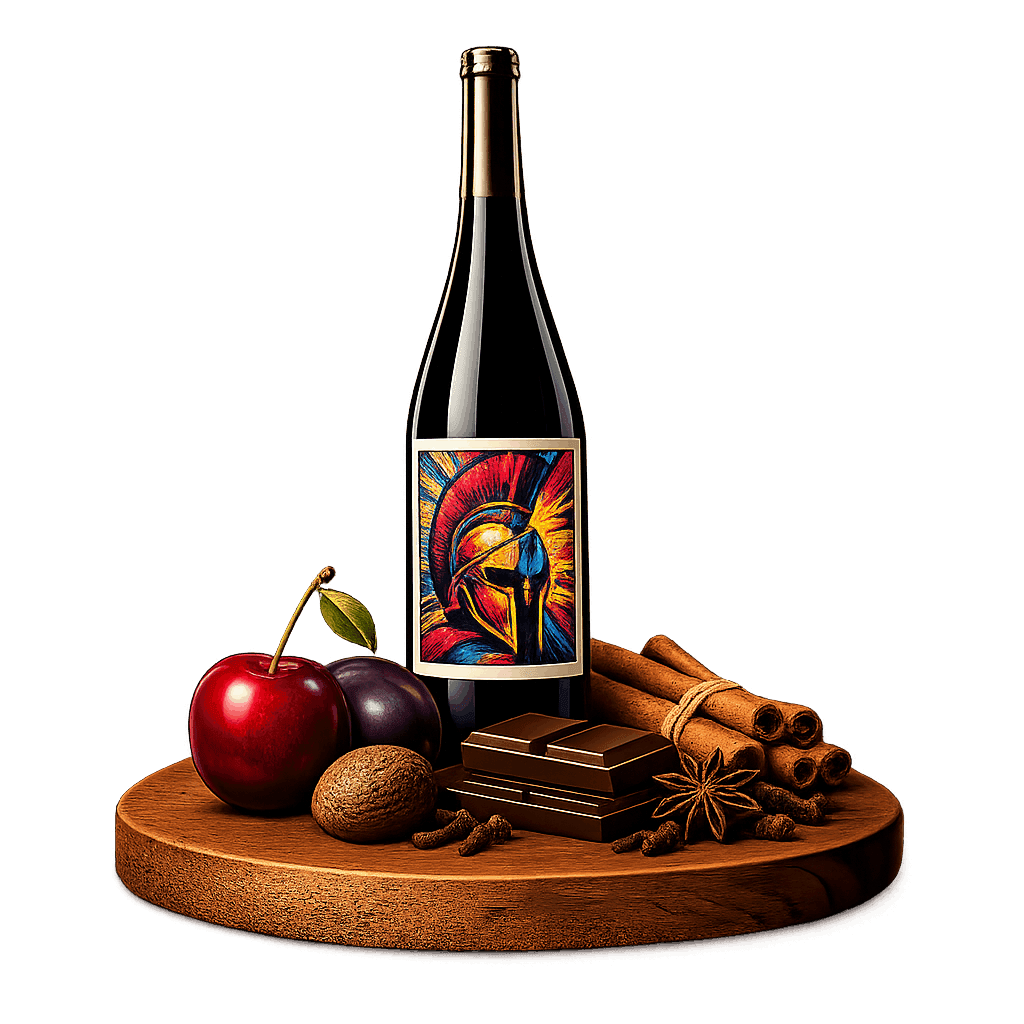 Artistic label and flavor profile for Greek Peloponnese Red on a rustic wooden table.