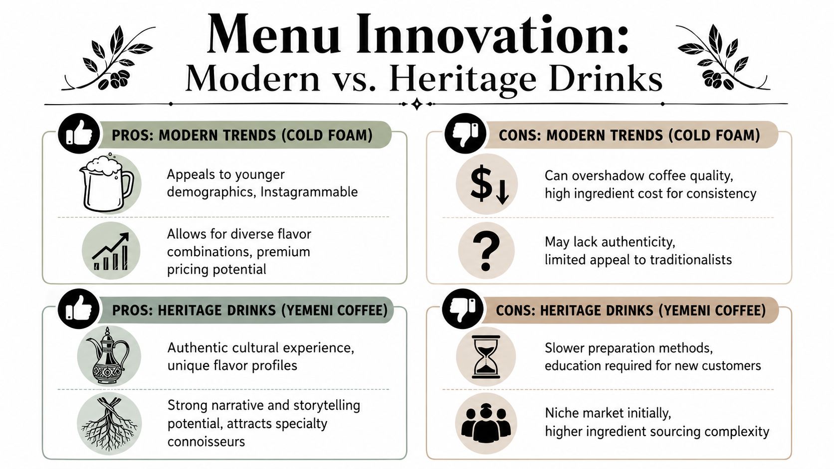 A comparison chart highlighting the pros and cons of modern cold foam drinks versus heritage Yemeni coffee.