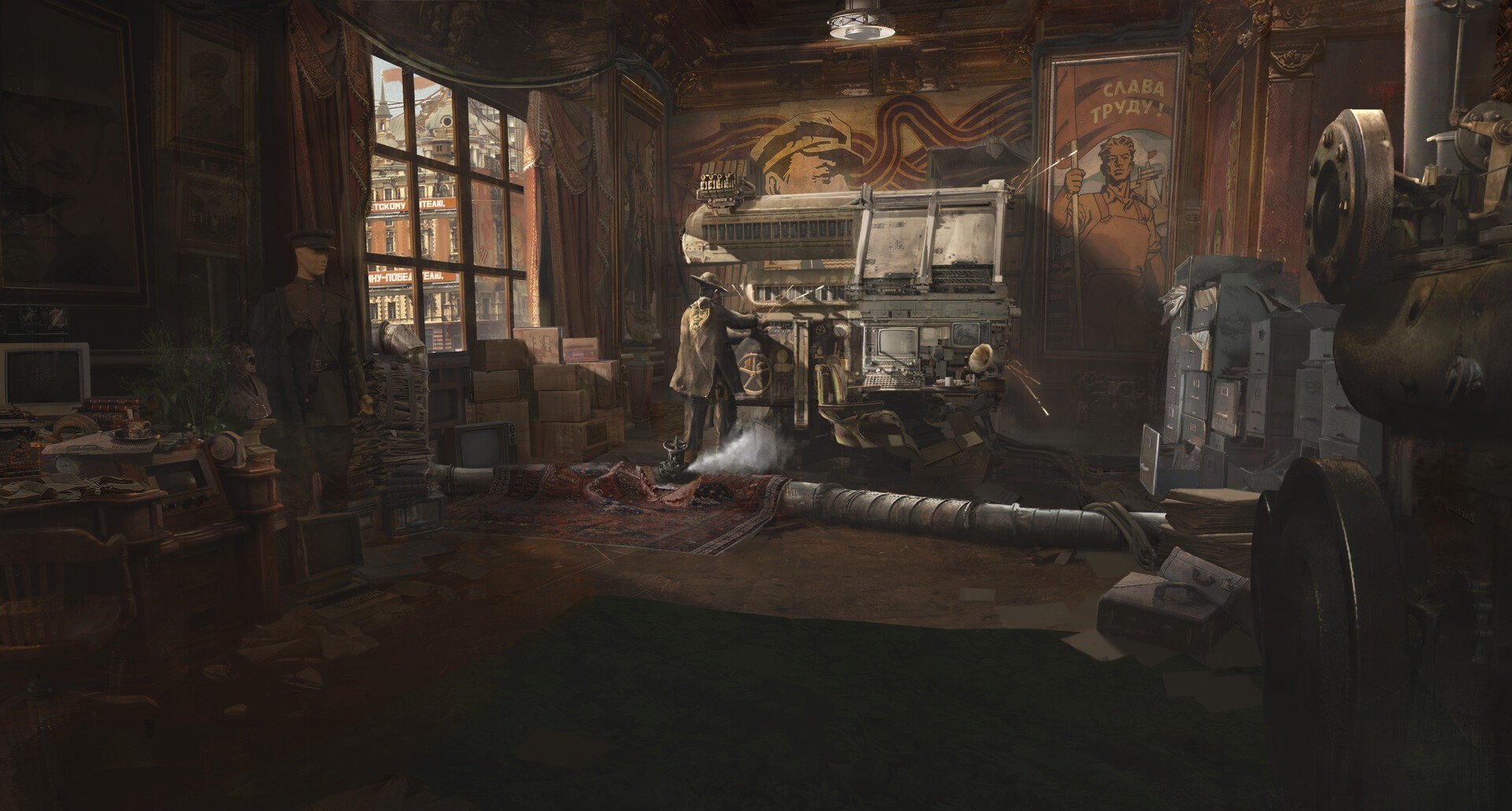 A realistic concept art from ww1, a dramatic scene with a soldier in the room 