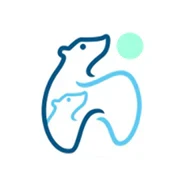 Line art illustration of a polar bear with a soft blue dot, symbolizing nature and wildlife.
