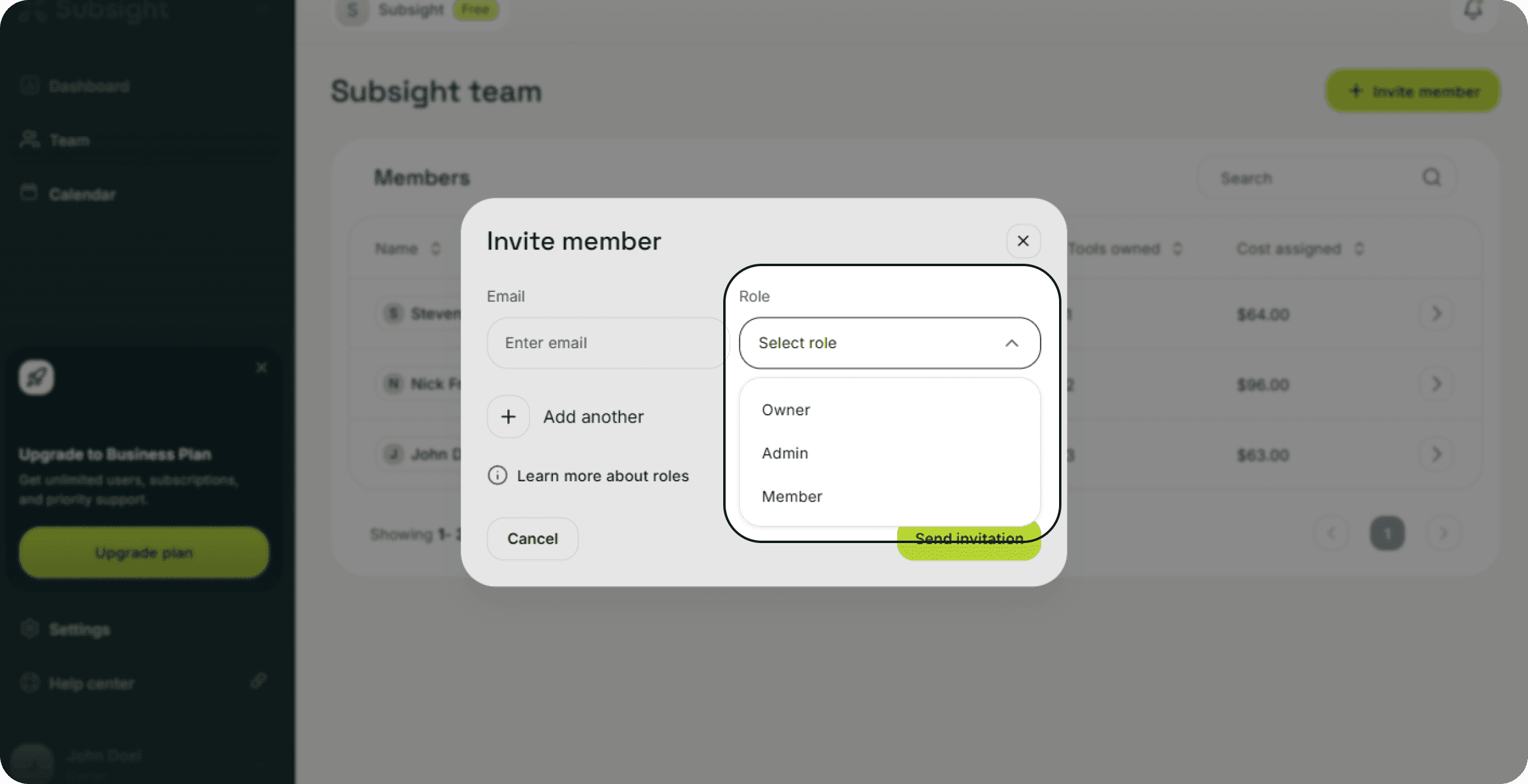 Subsight invite member modal with role dropdown showing Owner, Admin, and Member options.