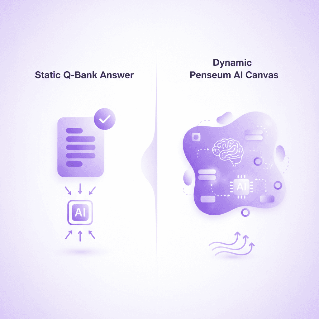 Split screen graphic showing a static text Q-bank answer on the left and a dynamic, interactive Penseum AI canvas on the right