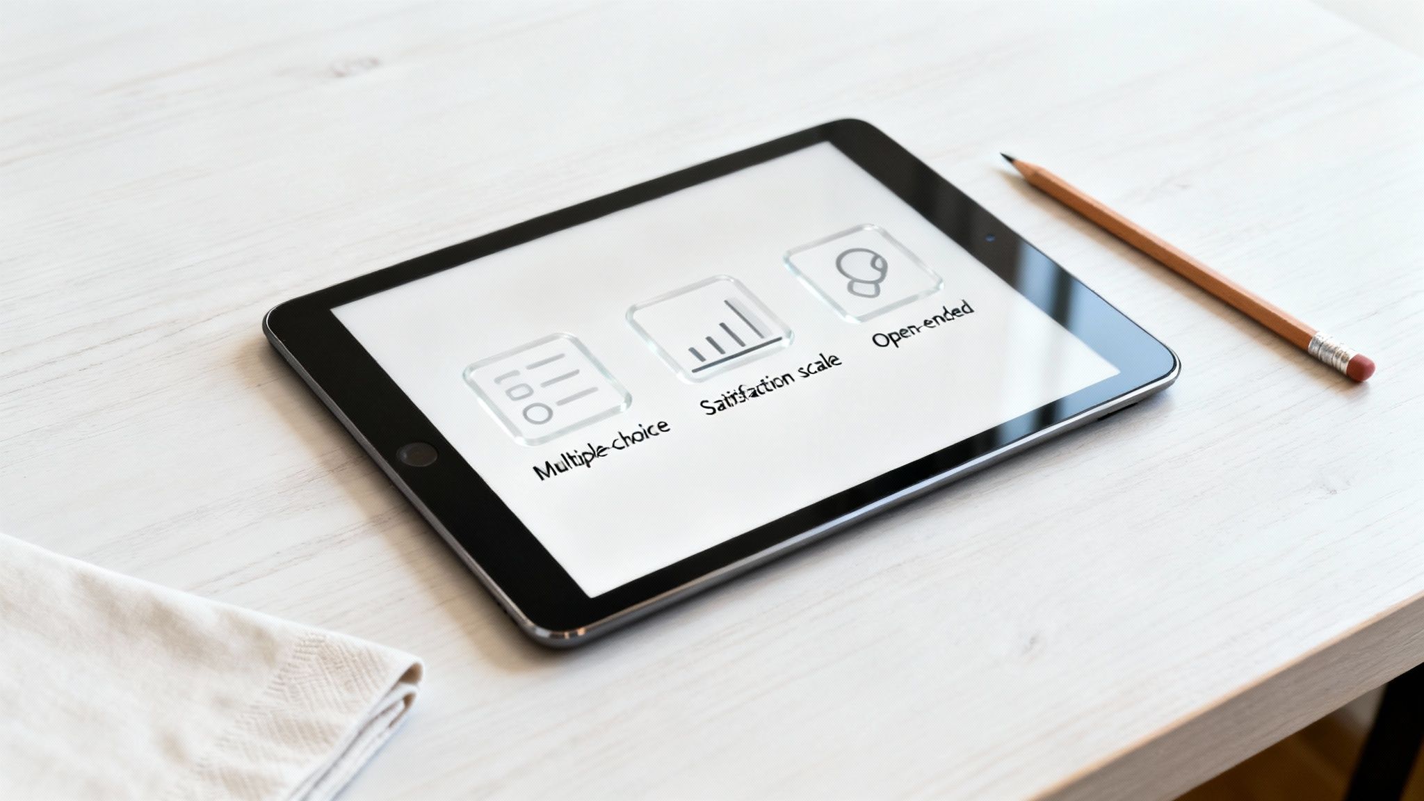 A close-up shot of a customer filling out a feedback form on a tablet in a modern cafe setting.