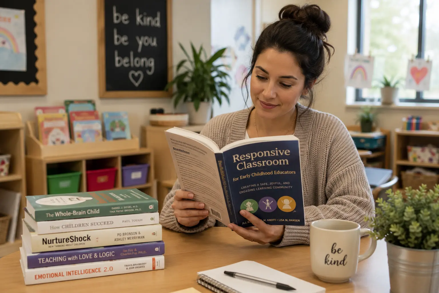 a woman sits in a preschool room reading a book called "responsive classroom"