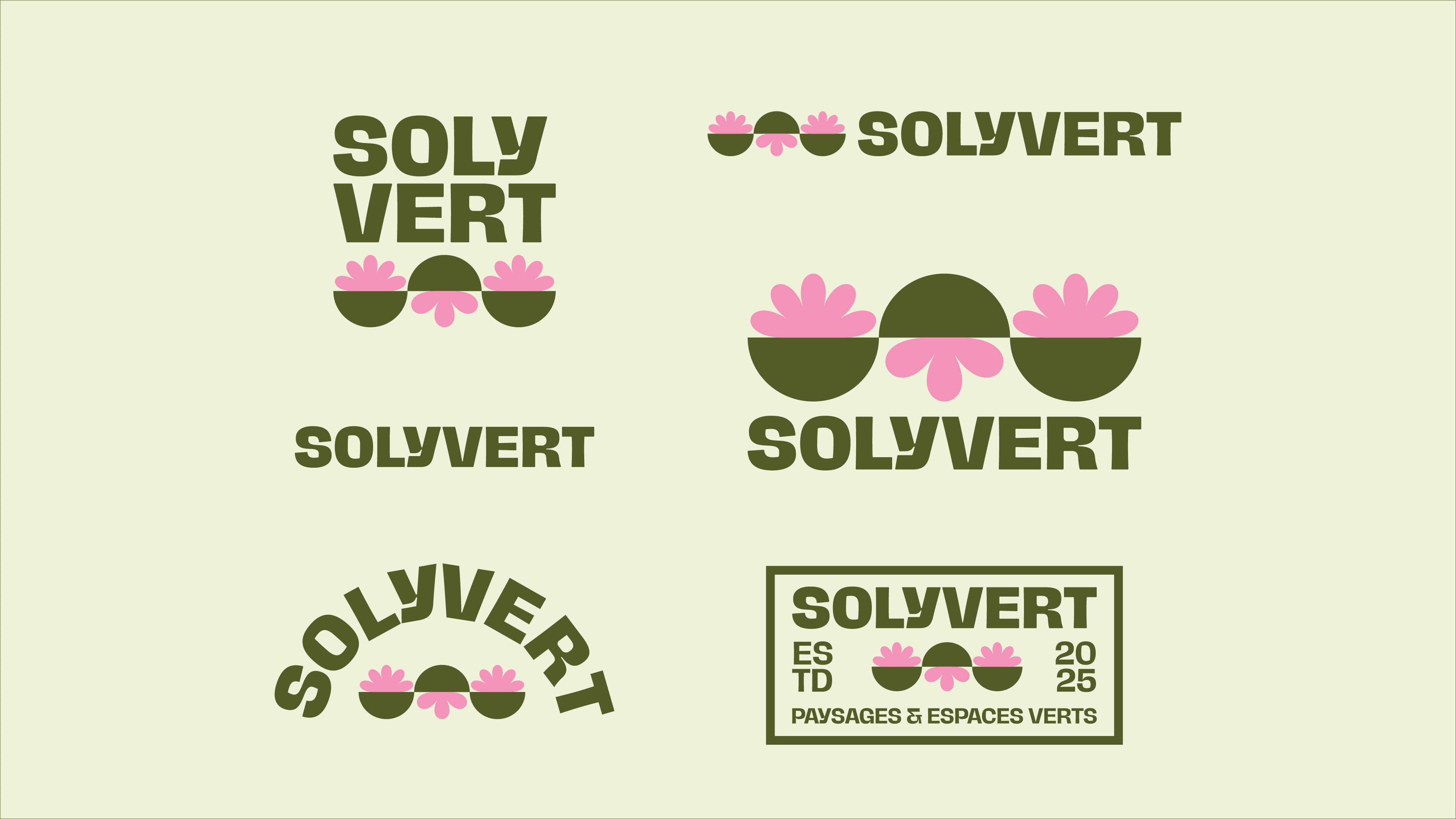 Solyvert logo suite displayed on a white background, featuring green and pink logo variations.
