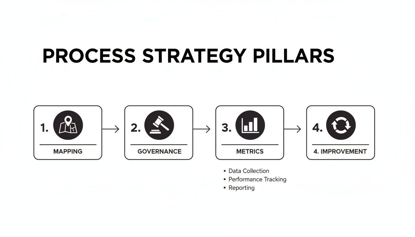 An infographic illustrating four process strategy pillars: mapping, governance, metrics, and improvement.