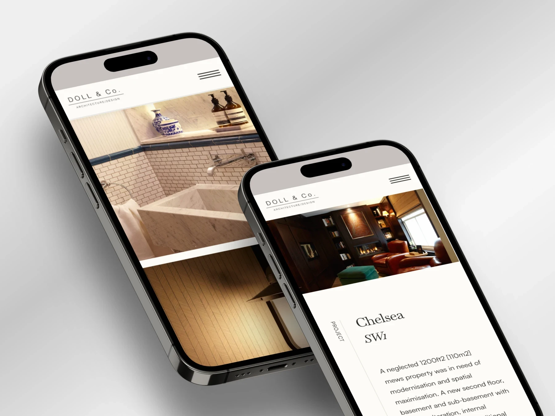 Phone mockup of DOLL & Co. architecture company website design