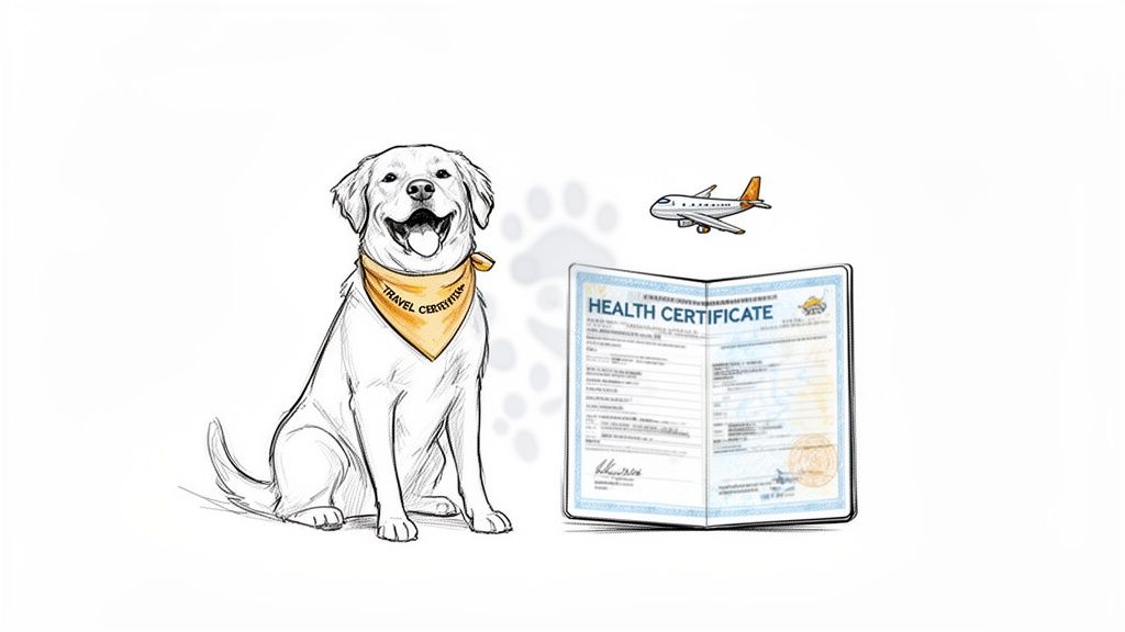 A happy golden retriever dog wearing a 'TRAVEL CERTIFICATE' bandana, an airplane, and a 'HEALTH CERTIFICATE' for pet travel.