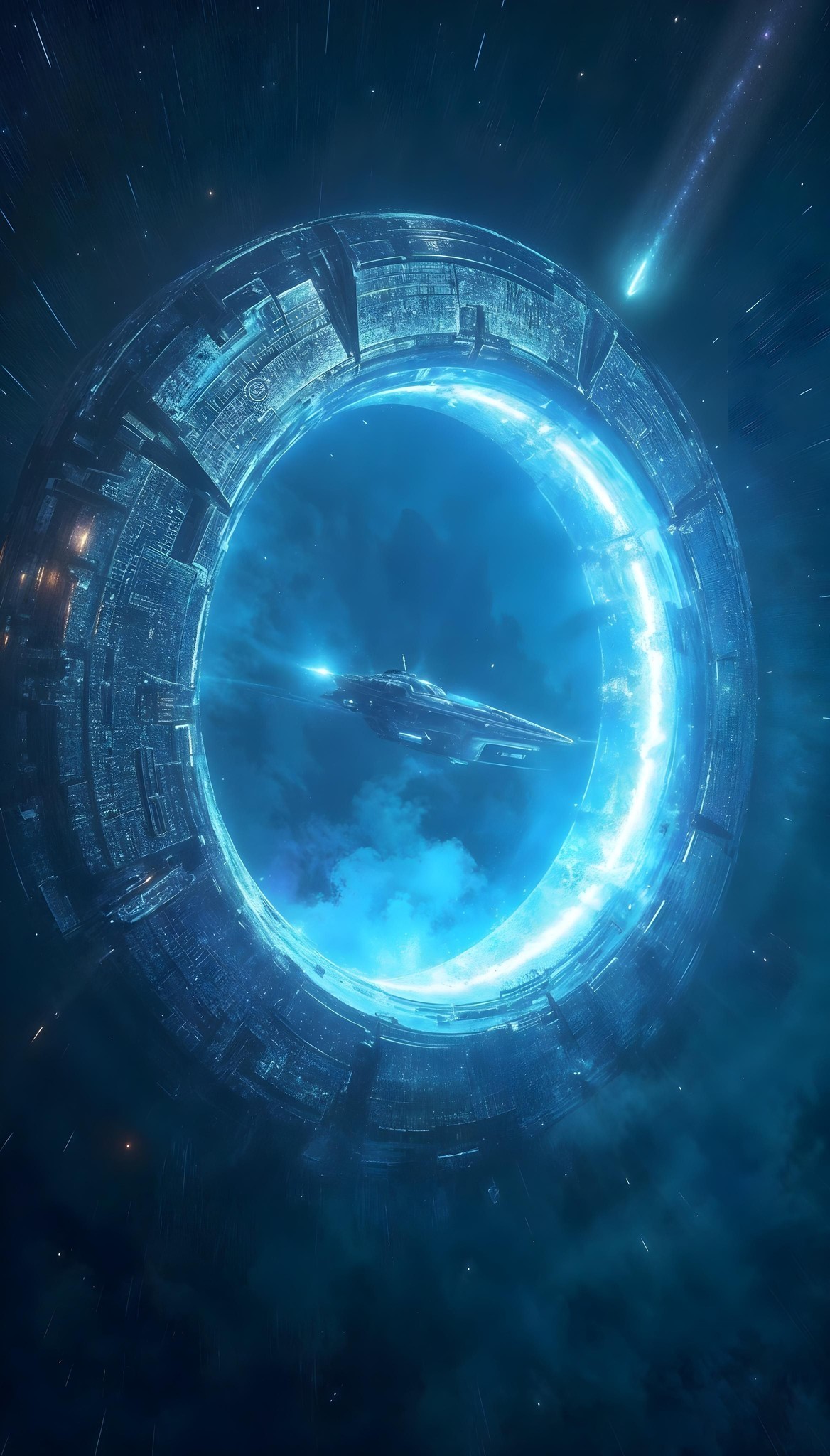 A futuristic spaceship approaches a glowing, circular Hyperspace portal in the starry expanse of deep space. Blue light emanates from the station, illuminating the scene with a mystical glow.