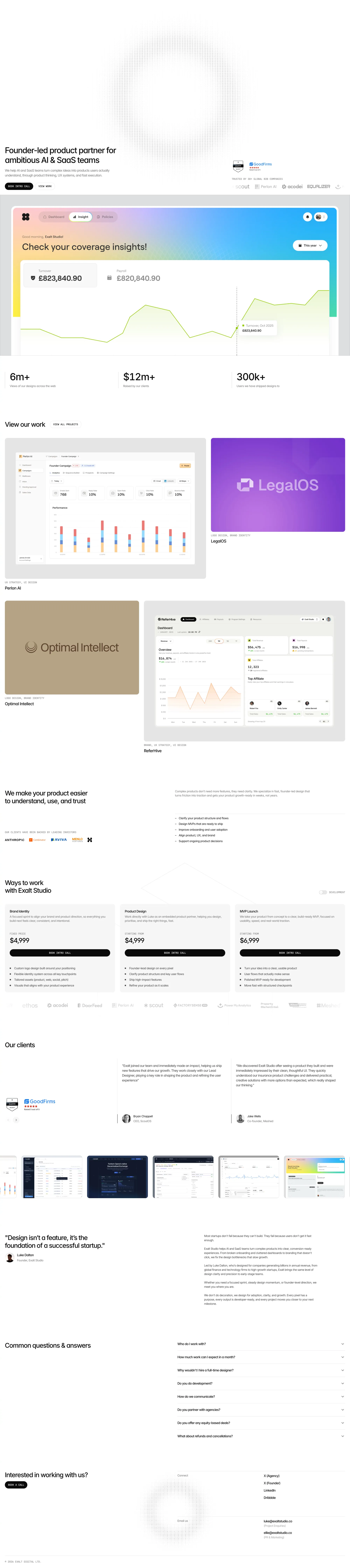 Exalt Studio portfolio page screenshot showcasing Design and Tech design