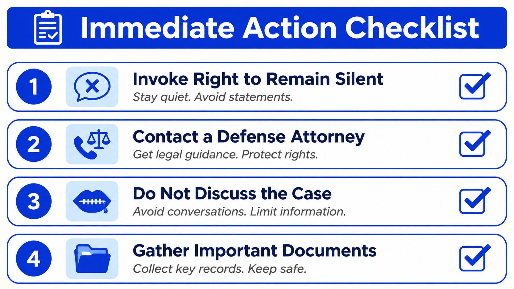 A four-step infographic titled Immediate Action Checklist for individuals facing legal issues, featuring icons and instructions.
