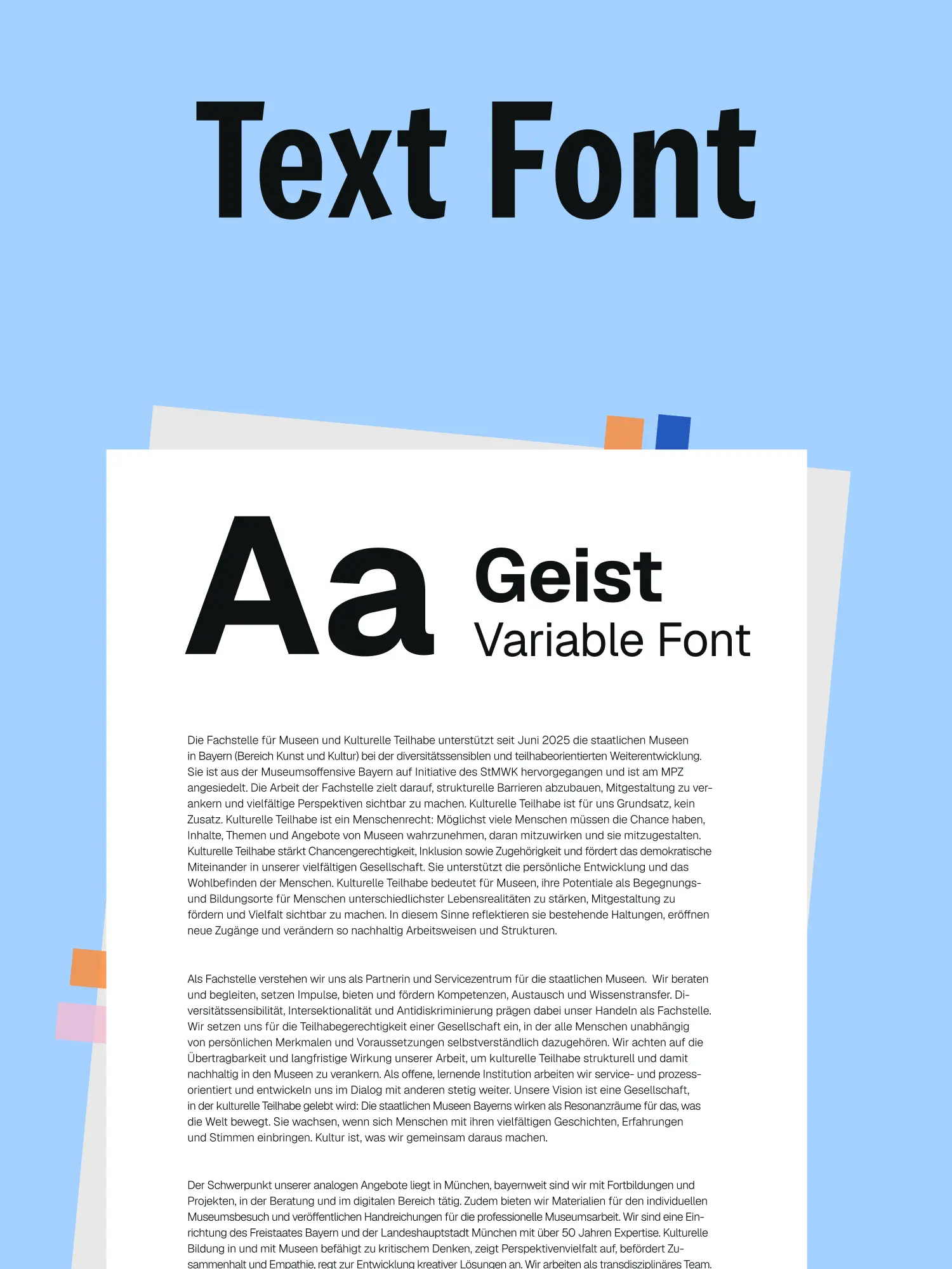 Geist-Variable-Font mit Beispieltext zur Fachstelle Museen und Kulturelle Teilhabe