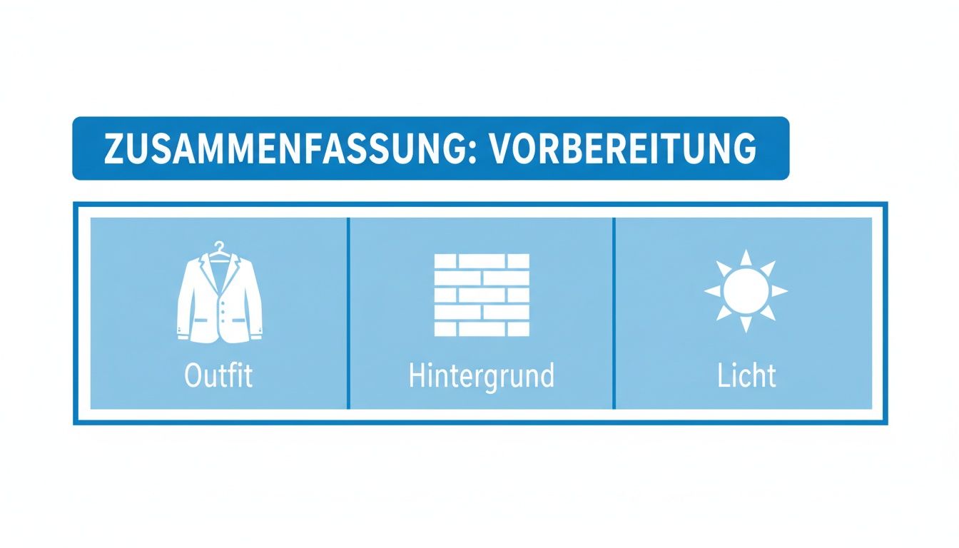 Übersicht zur Vorbereitung eines professionellen Fotos, inklusive Outfit, Hintergrund und Licht. Wichtige Tipps.