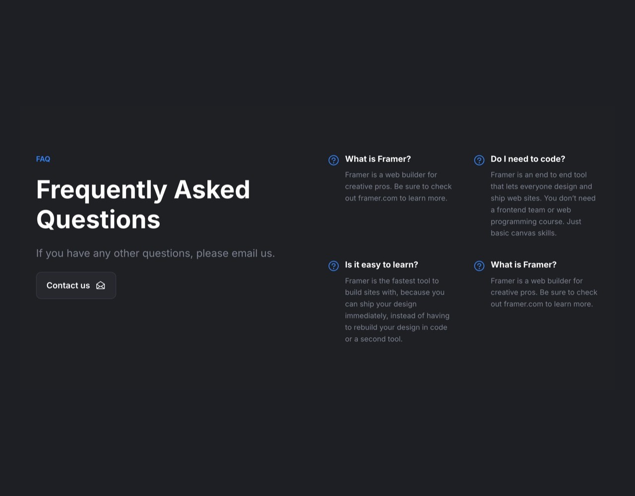 Framer Dark FAQ Section - Frameblox UI