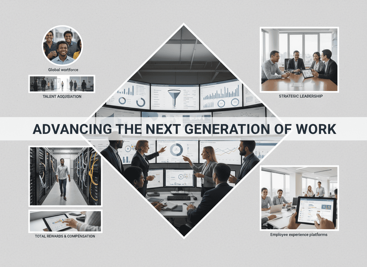 “HR leadership and analysts reviewing workforce dashboards in a modern operations workspace advancing the next generation of work.”