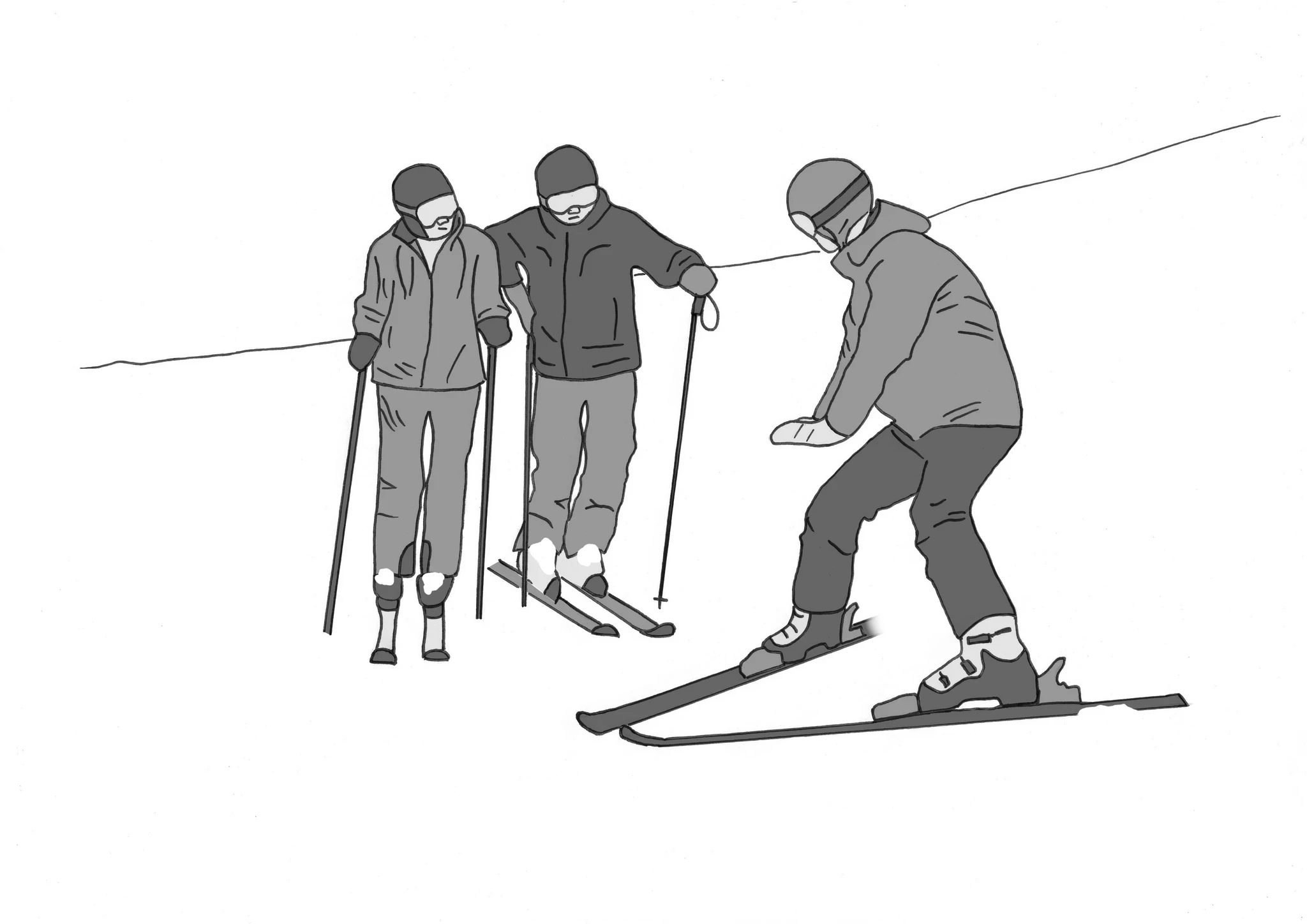 llustration von zwei Skifahrern, die von einem Skilehrer angeleitet werden