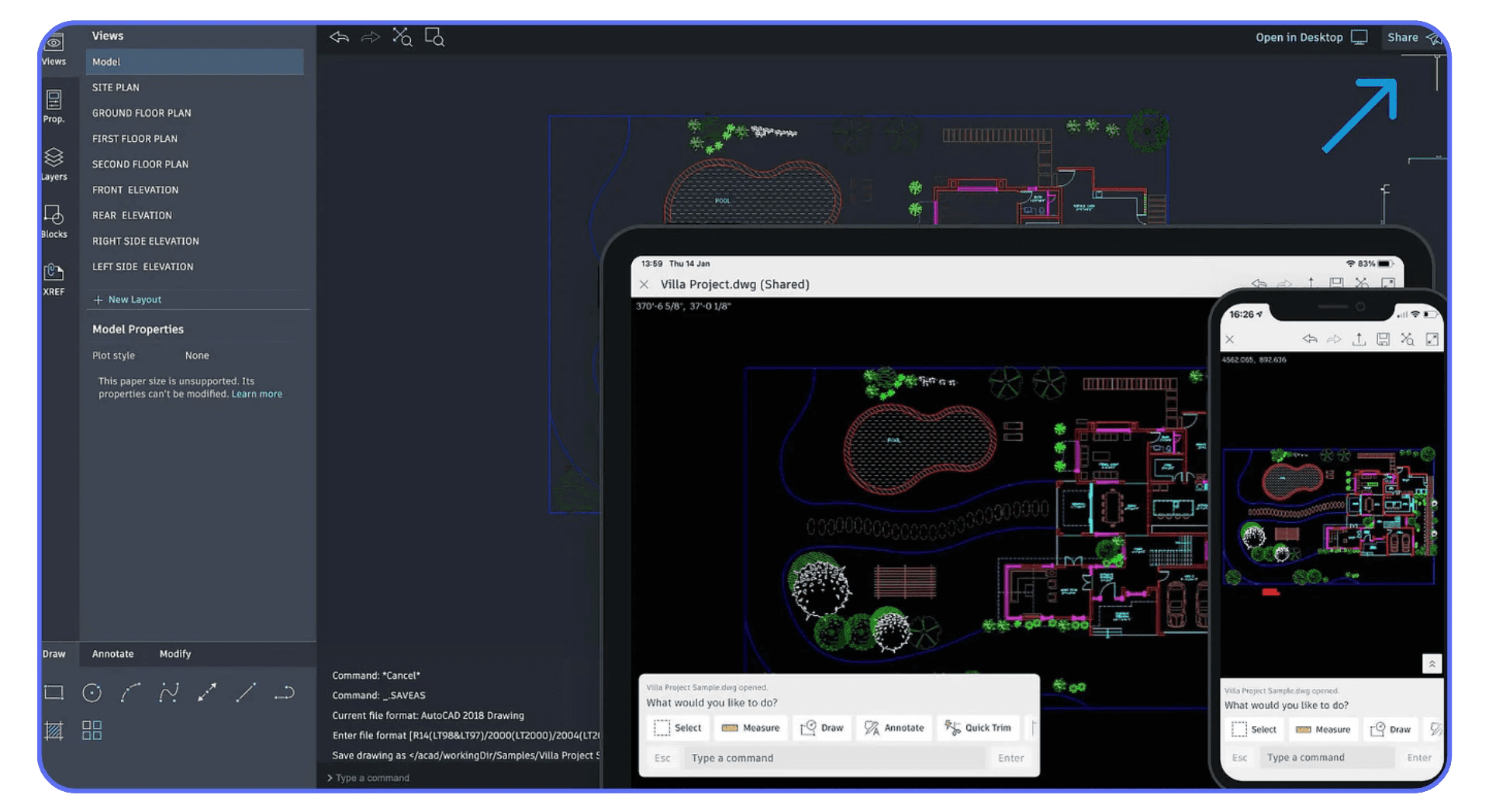 AutoCAD project file opened across desktop, tablet, and smartphone, showing synchronized DWG views for cross-device collaboration.