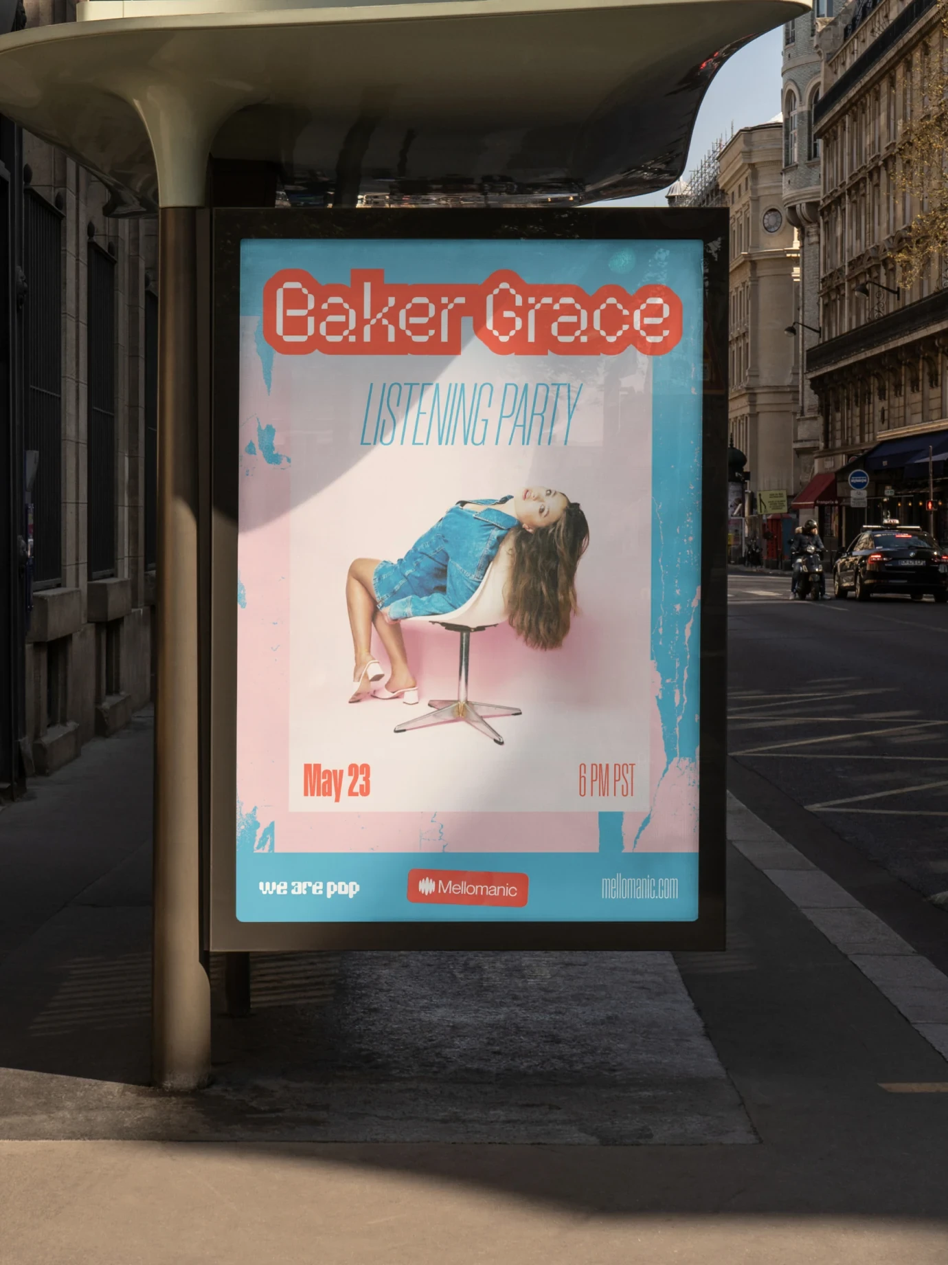 Mellomanic — Digital billboard for Baker Grace listening party — Event advertising