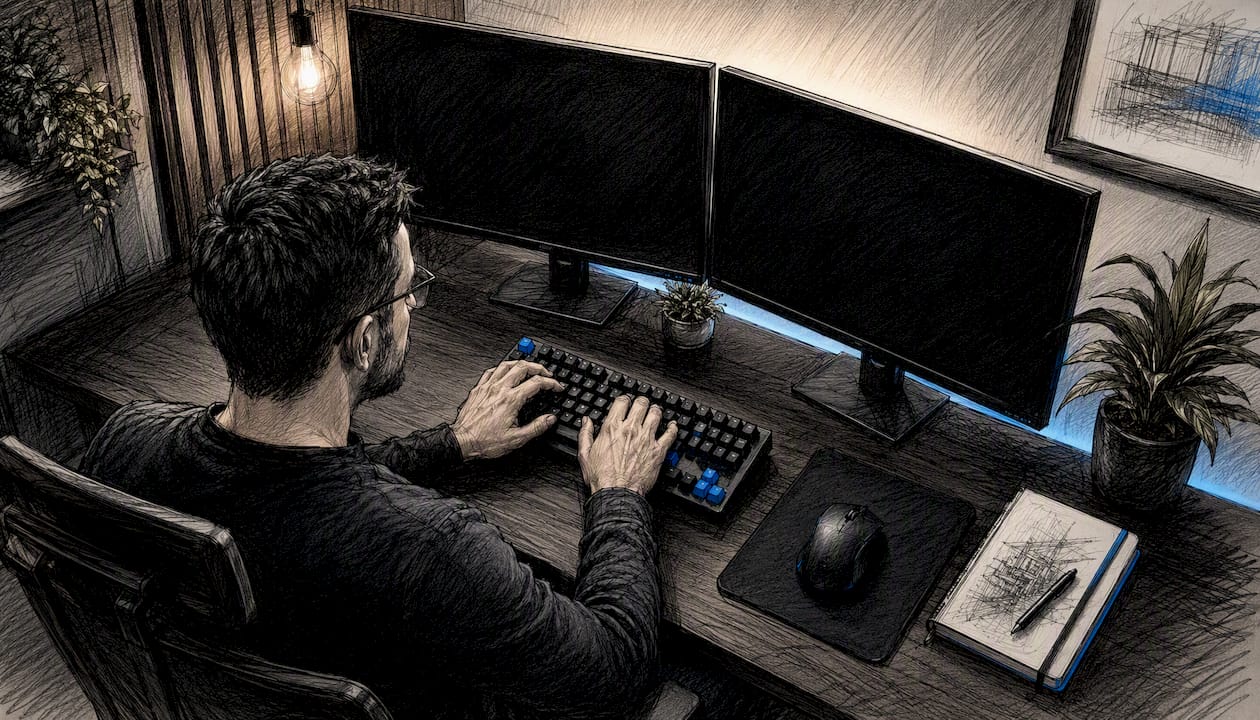 Hände tippen an einem dunklen Arbeitsplatz, im Hintergrund laufen Server.