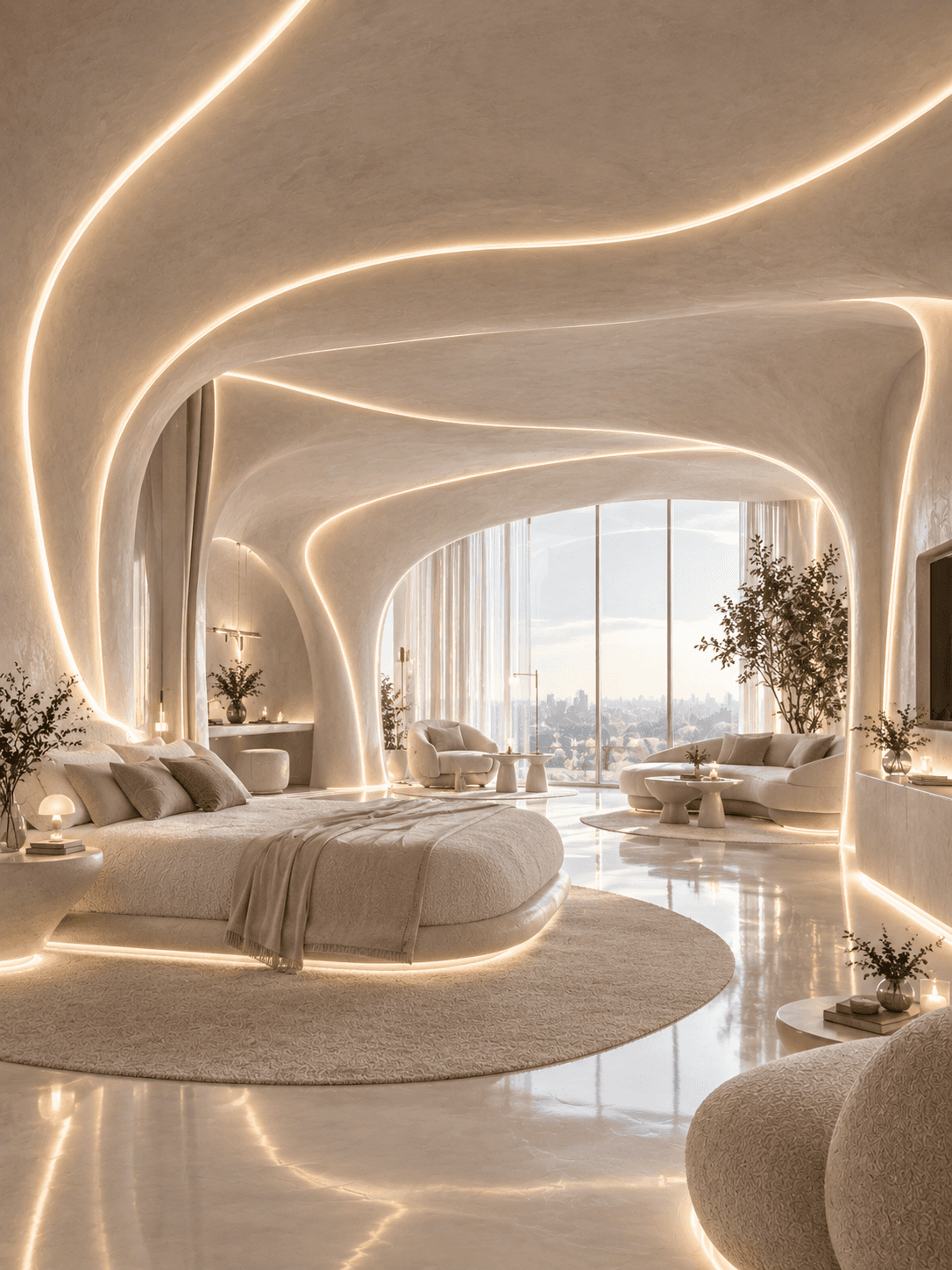 Curved plaster bedroom suite with glowing light lines in the ceiling and a round bed facing a panoramic window
