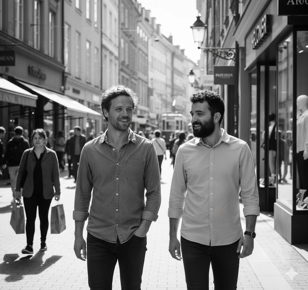 Black and white portrait of a smiling person with curly hair