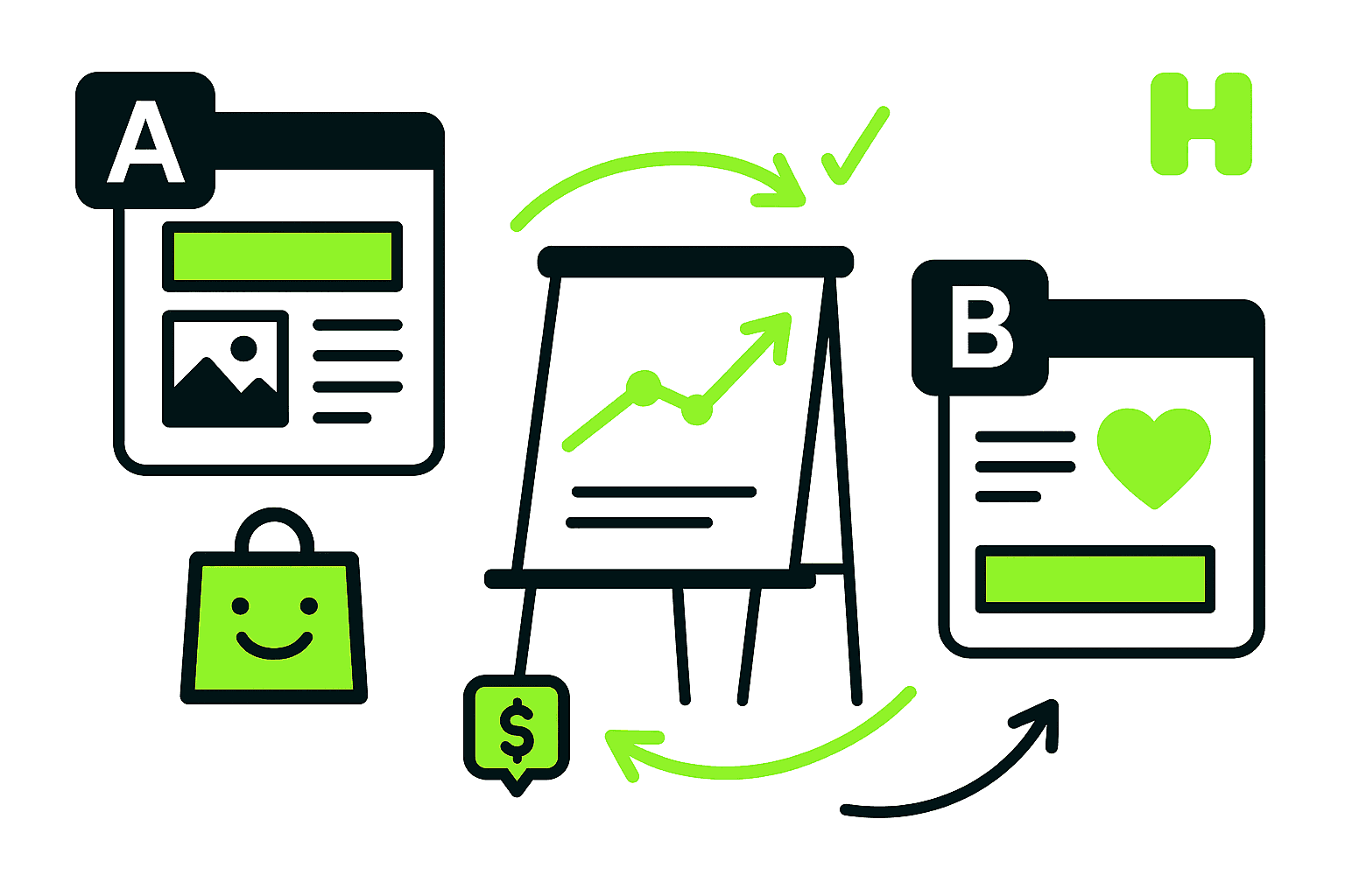 Visual of A/B testing pages with performance chart, illustrating conversion optimization in ecommerce marketing tactics for e-commerce brands.