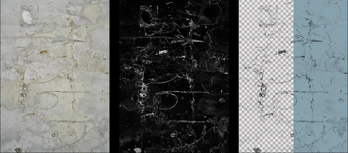 Grunge texture versions showing original color black and white negative and transparent positive PNG variations