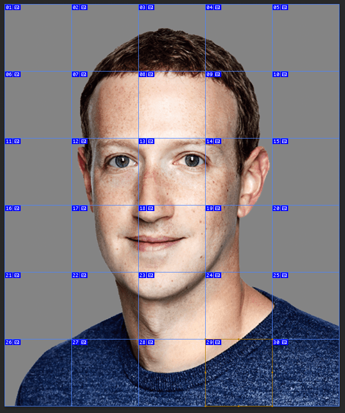 Smiling man with short brown hair wearing a blue shirt against a gray background