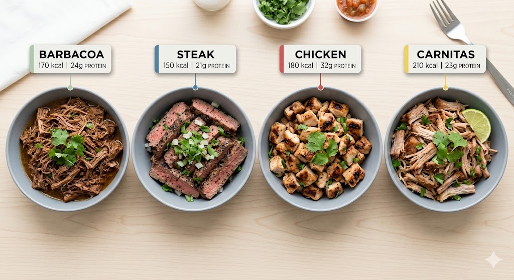 A top-down photograph comparing four Chipotle-style protein bowls with labels showing nutritional data: shredded Barbacoa, sliced Steak, cubed Chicken, and pulled Carnitas.