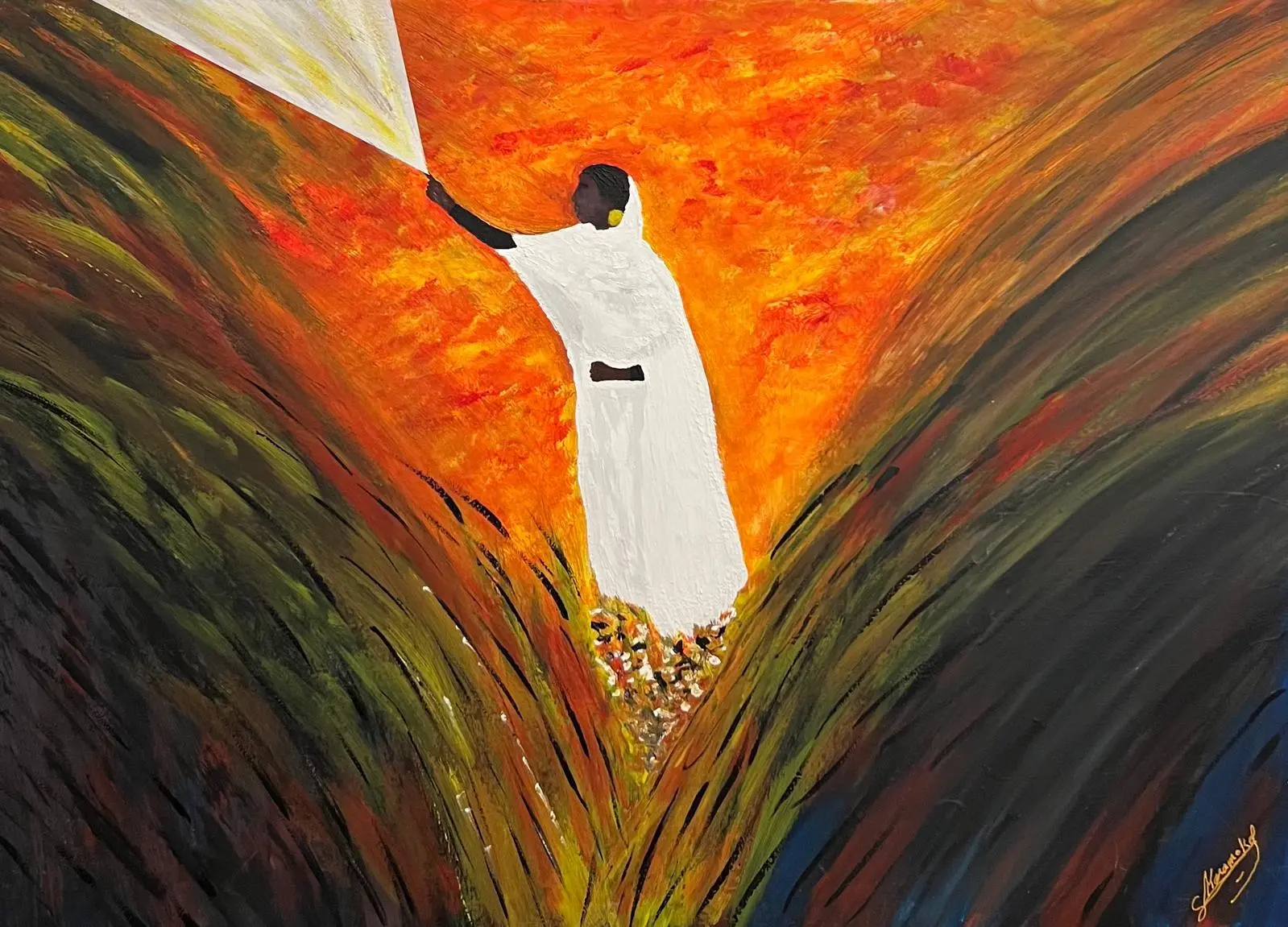 A figure in a white robe holds an umbrella against a vivid orange and dark swirling background, evoking emotion.