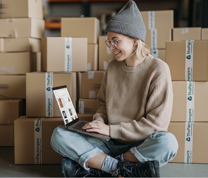 A ThePackengers logistics expert managing orders on a laptop in front of organized shipping parcels, representing streamlined art and furniture logistics.