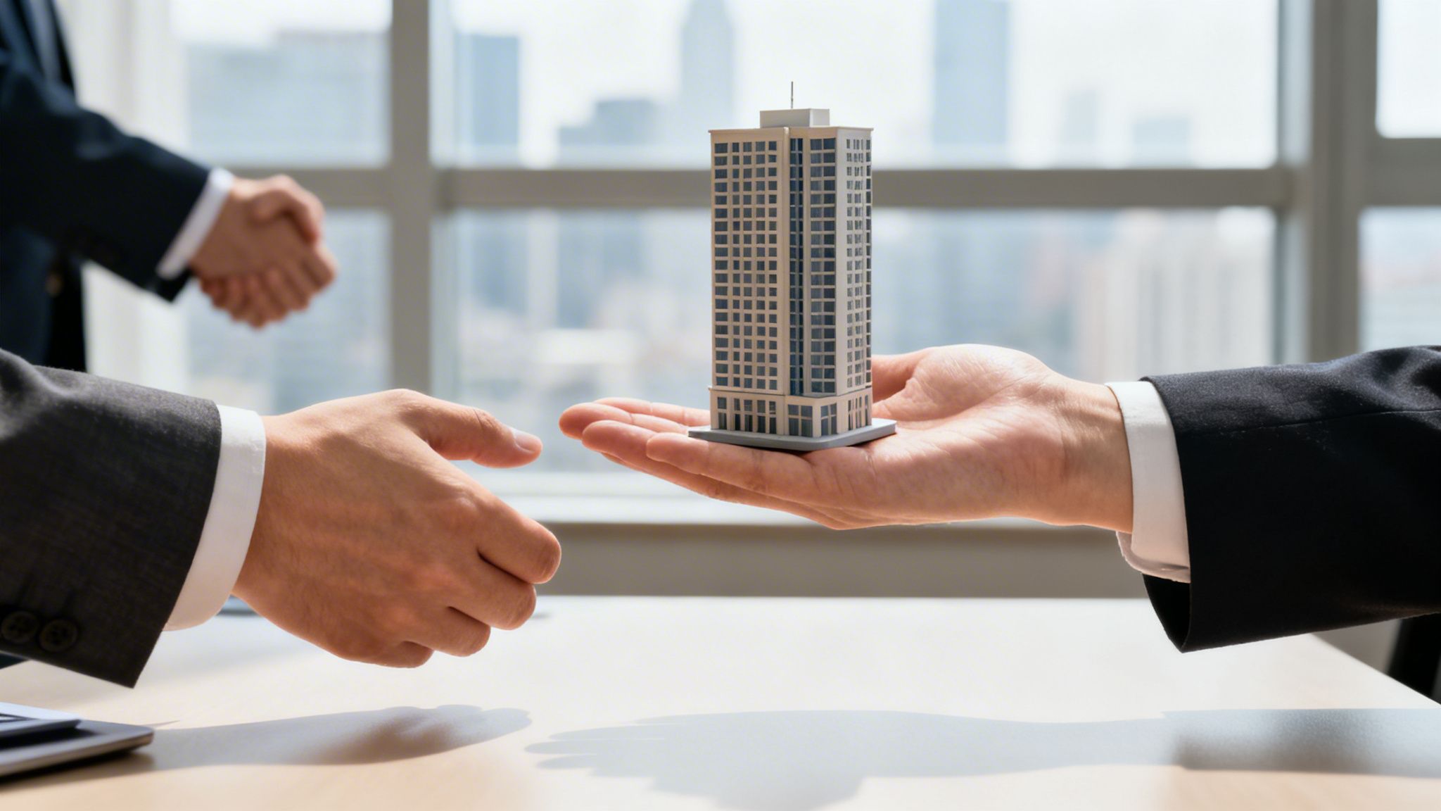 Affärsmän sluter en fastighetsaffär, en överlämnar en modellbyggnad och den andra sträcker ut sin hand.