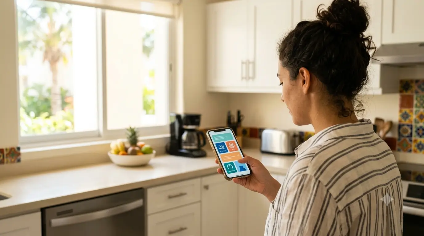 A guest checking the house rules in a vacation rental's digital guidebook on their phone.