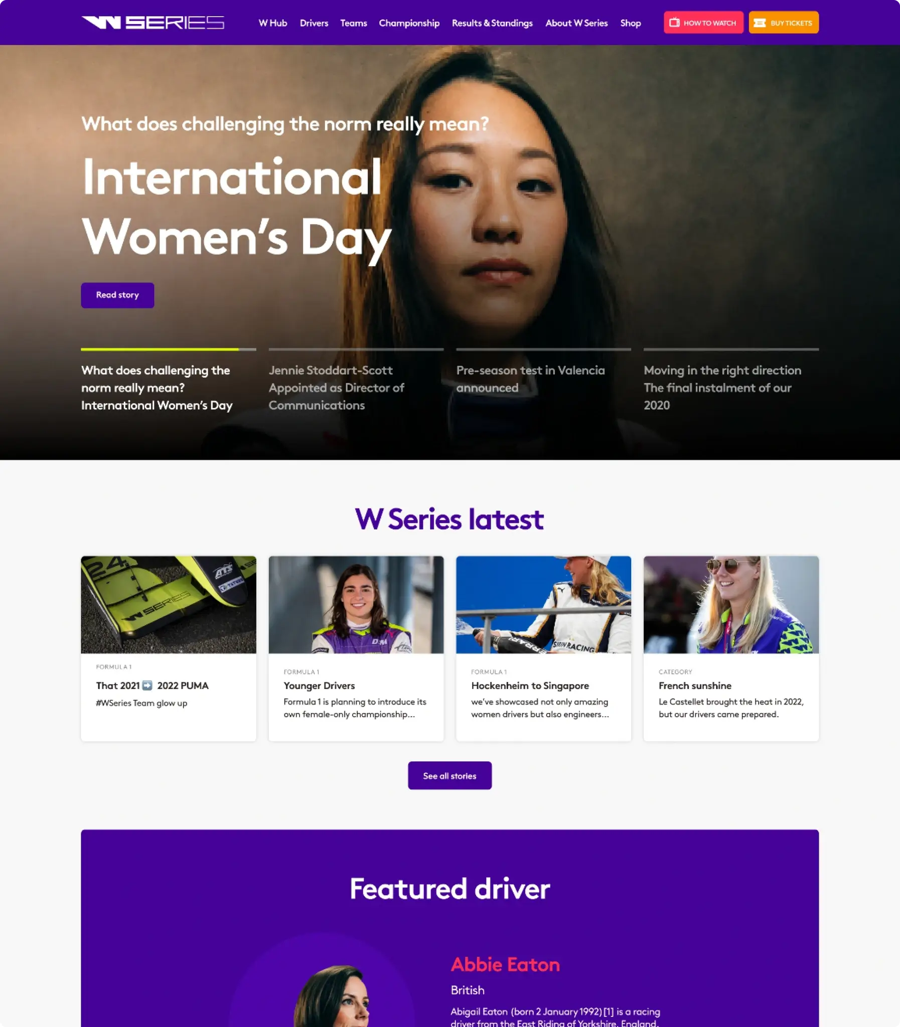 W Series Homepage design showing hero banner