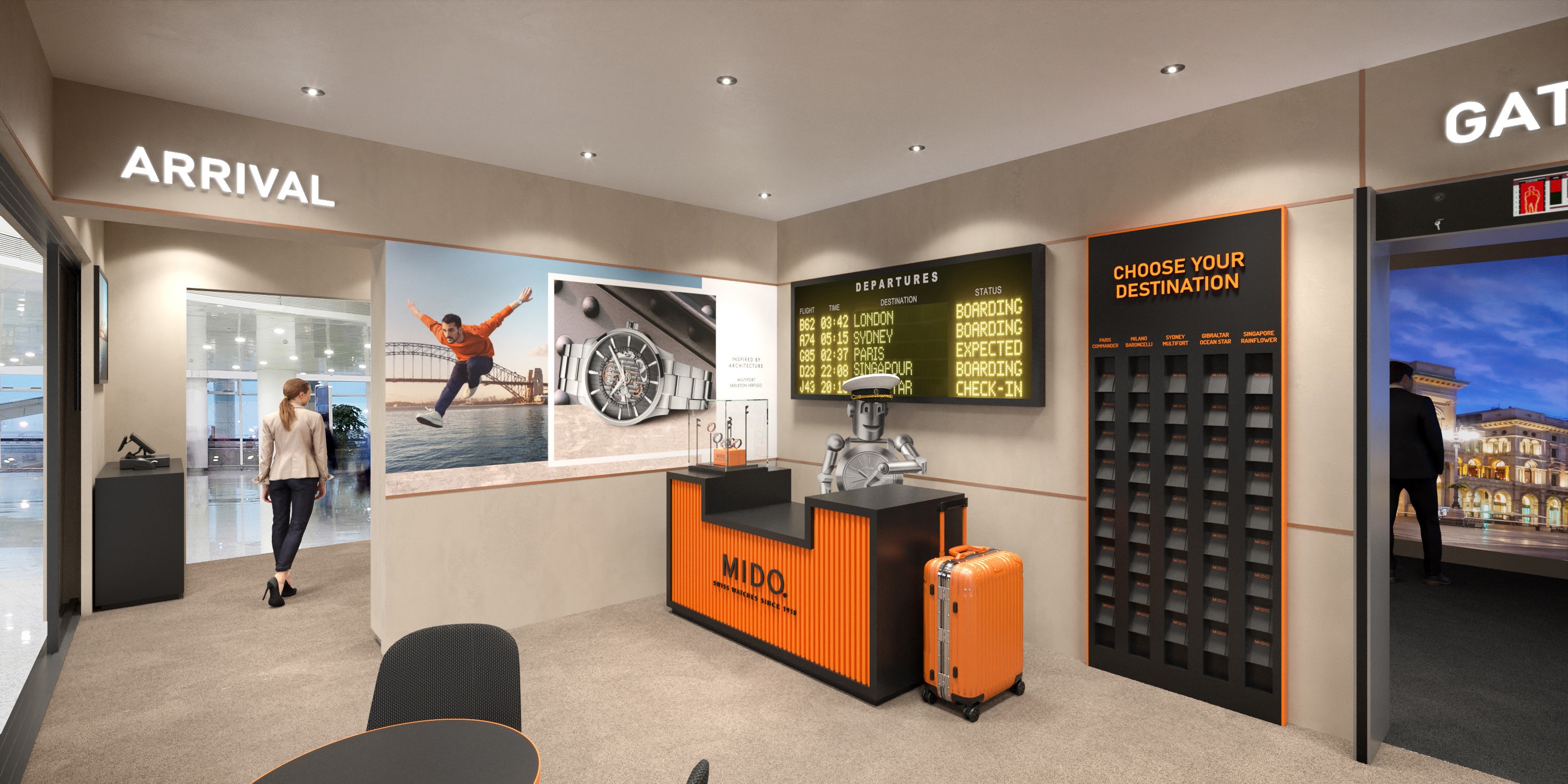 Reception desk and gift passport of MIDO watches Pop up design and exhibition retail concept for Switzerland market