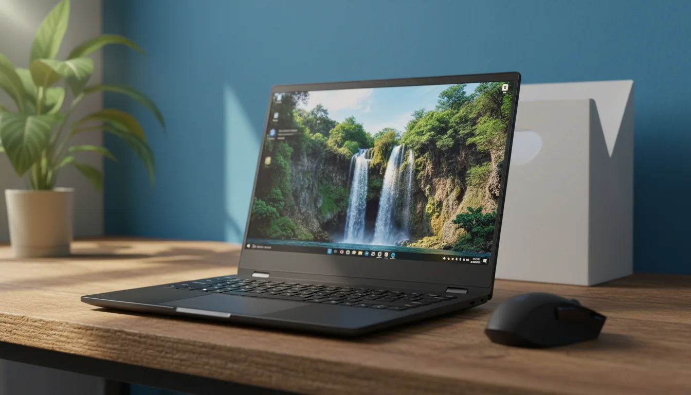 A professional DSLR photograph of a sleek, matte black high-performance laptop open on a rustic wooden desk, shot from a low front-right angle. The laptop is in sharp focus, its glossy screen displaying a vibrant lock screen with a waterfall wallpaper. Natural daylight fills the scene. In the softly blurred background, a bright blue wall, a potted plant with green leaves, a white magazine file holder, and an ergonomic black mouse are visible, creating a shallow depth of field.