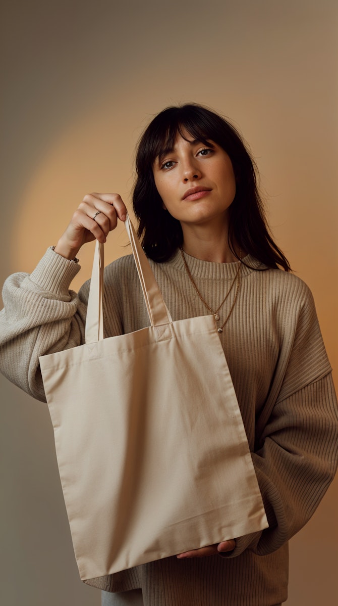 A woman holding a tote.