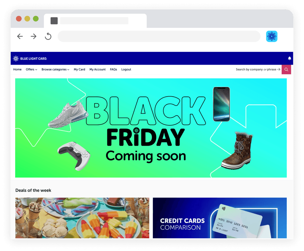 The Blue Light Card Chrome extension that pops up upon returning to the partner website after copying the discount code.