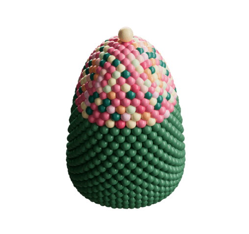 Illustration of a sculpted green ribbed flower bud topped with a cream beaded crown