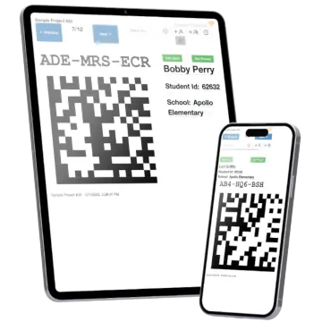 Snapizzi paperless camera cards displayed on a tablet and smartphone, showing Data Matrix codes used for digital student identification and automated photo matching in high-volume photography workflows.